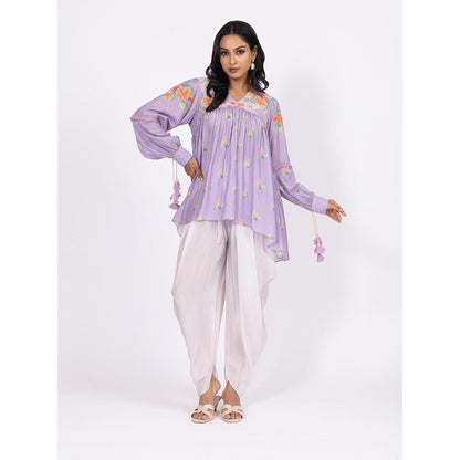 LABEL NAARITI Zoya Floral Printed Muslin Top with Lilac Crepe Dhoti (Set of 2)