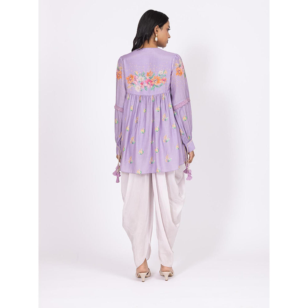 LABEL NAARITI Zoya Floral Printed Muslin Top with Lilac Crepe Dhoti (Set of 2)
