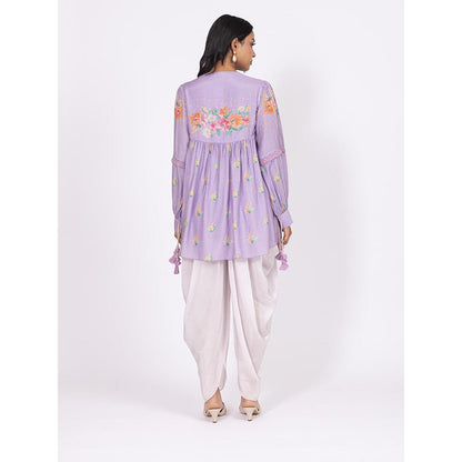 LABEL NAARITI Zoya Floral Printed Muslin Top with Lilac Crepe Dhoti (Set of 2)
