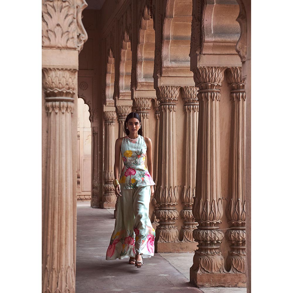 LABEL NAARITI Ananda Turquoise Kurti with Sharara (Set of 2)