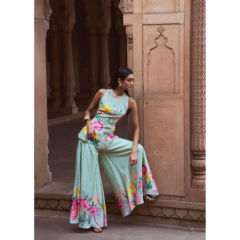 LABEL NAARITI Ananda Turquoise Kurti with Sharara (Set of 2)