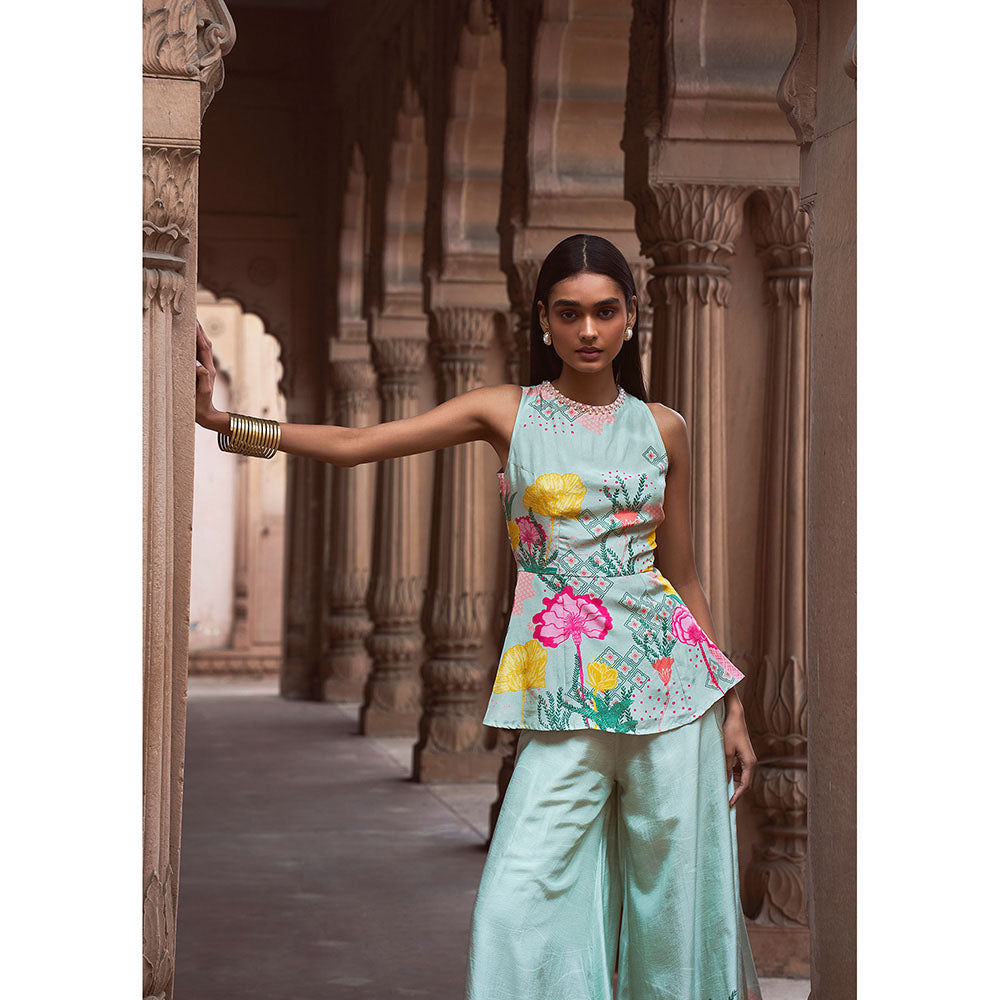 LABEL NAARITI Ananda Turquoise Kurti with Sharara (Set of 2)