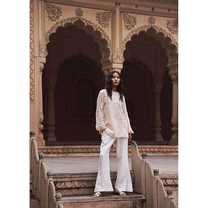 LABEL NAARITI Arzoo Beige and White Top with Pant (Set of 2)