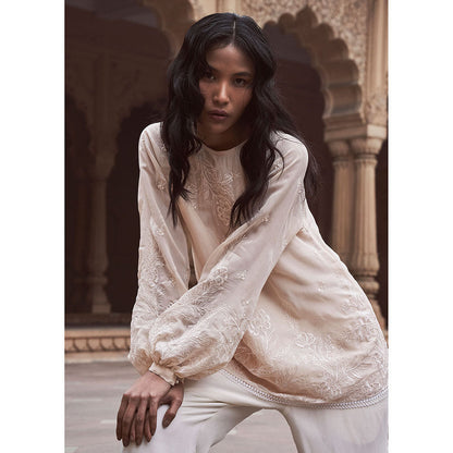 LABEL NAARITI Arzoo Beige and White Top with Pant (Set of 2)