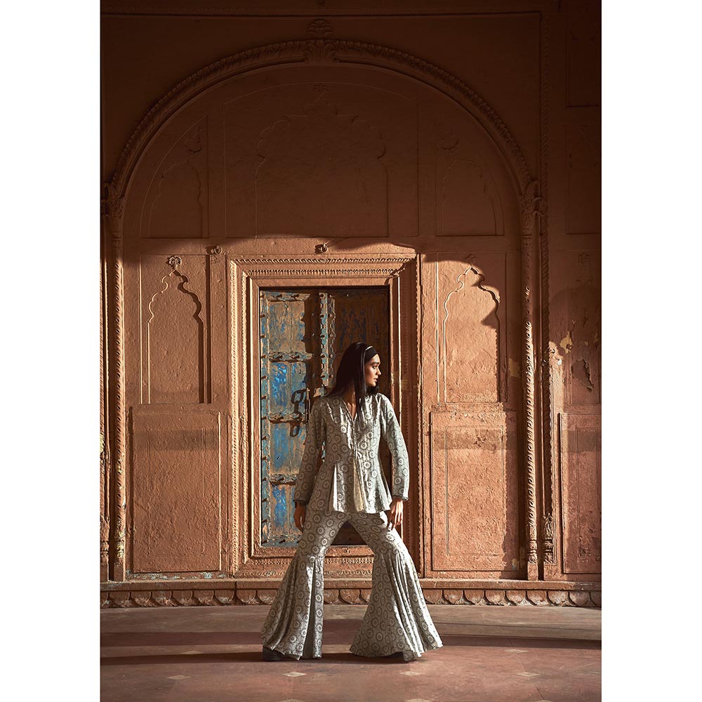 LABEL NAARITI Ada Grey Printed Top with Sharara (Set of 2)