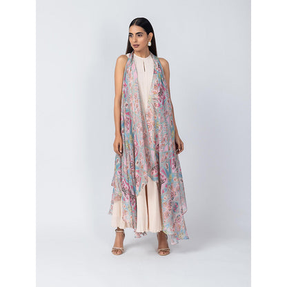 LABEL NAARITI Pink Roohi Dress with Overlays (Set of 2)