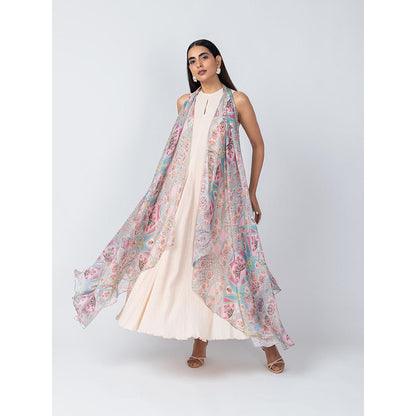 LABEL NAARITI Pink Roohi Dress with Overlays (Set of 2)