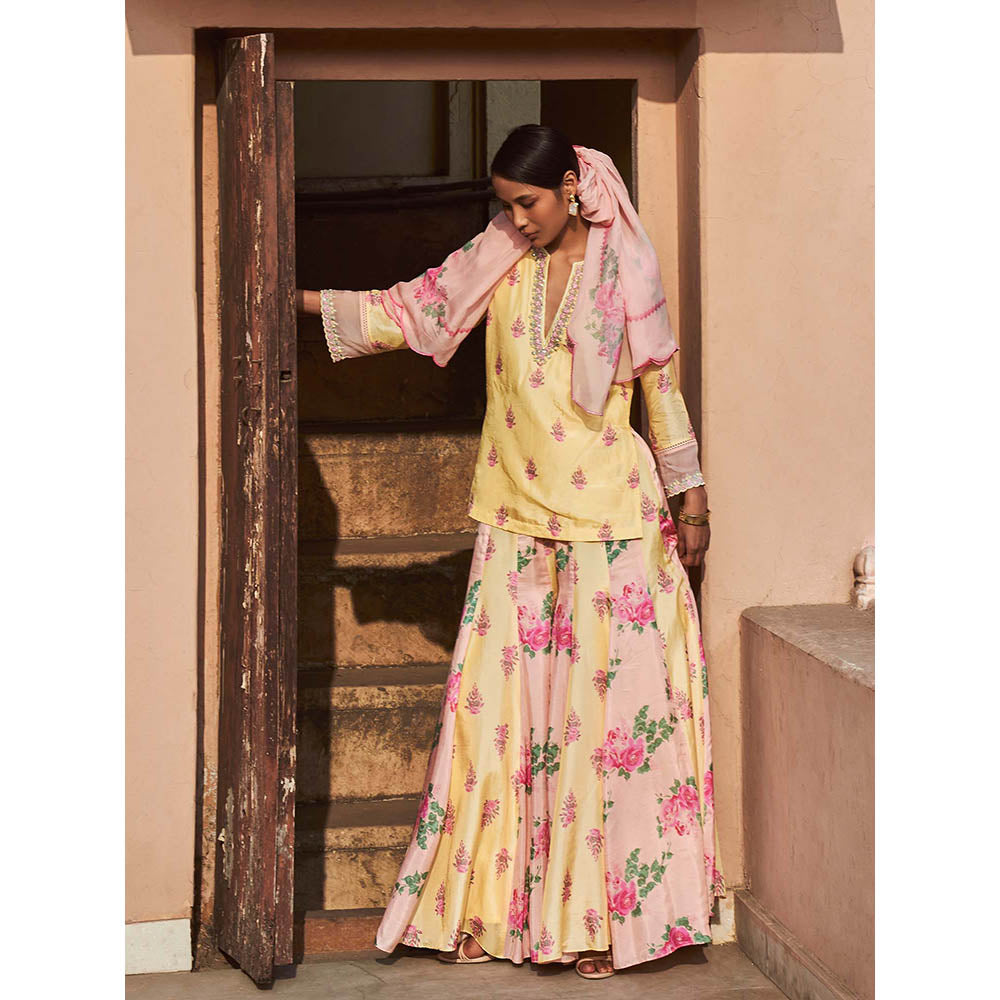 LABEL NAARITI Shabana Yellow Kurti with Sharara and Dupatta (Set of 3)