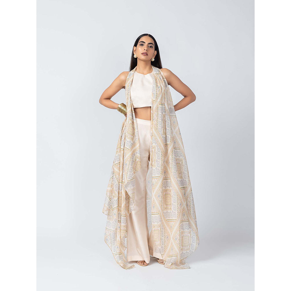 LABEL NAARITI Taara Beige Crop Top with Palazzo and Overlay Jacket (Set of 3)