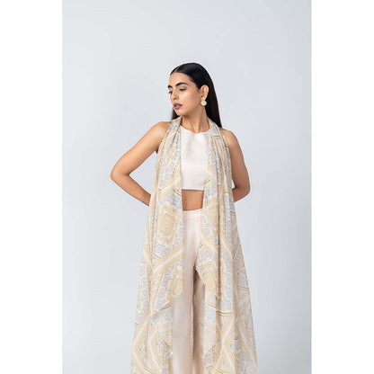 LABEL NAARITI Taara Beige Crop Top with Palazzo and Overlay Jacket (Set of 3)