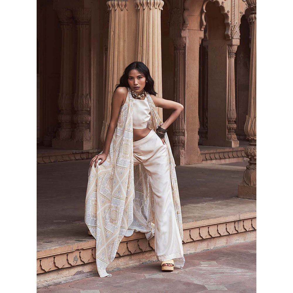 LABEL NAARITI Taara Beige Crop Top with Palazzo and Overlay Jacket (Set of 3)