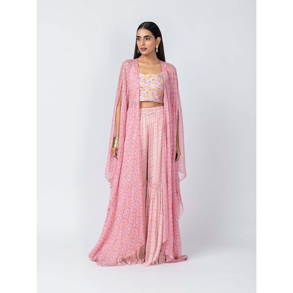 LABEL NAARITI Arshiya Pink Crop Top with Sharara and Cape (Set of 3)