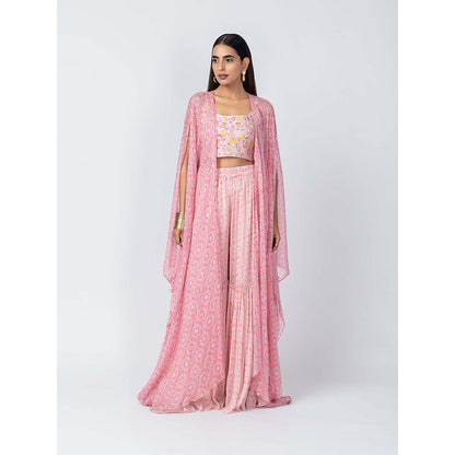 LABEL NAARITI Arshiya Pink Crop Top with Sharara and Cape (Set of 3)