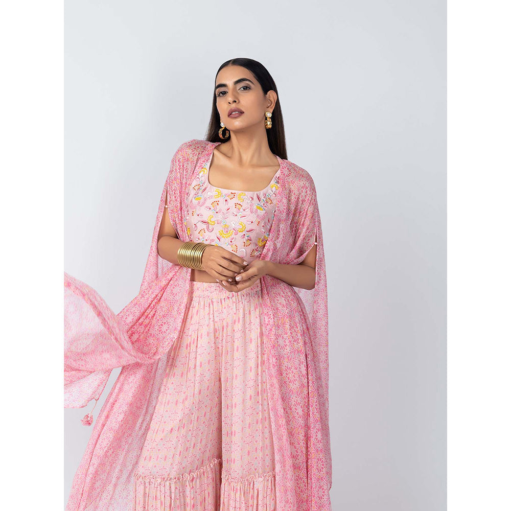 LABEL NAARITI Arshiya Pink Crop Top with Sharara and Cape (Set of 3)