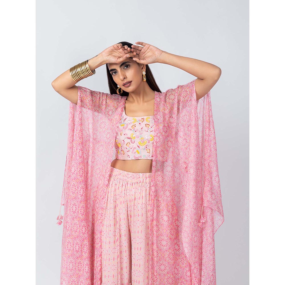 LABEL NAARITI Arshiya Pink Crop Top with Sharara and Cape (Set of 3)
