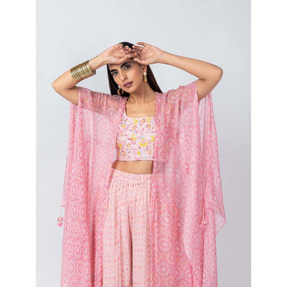 LABEL NAARITI Arshiya Pink Crop Top with Sharara and Cape (Set of 3)