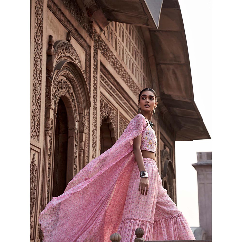 LABEL NAARITI Arshiya Pink Crop Top with Sharara and Cape (Set of 3)