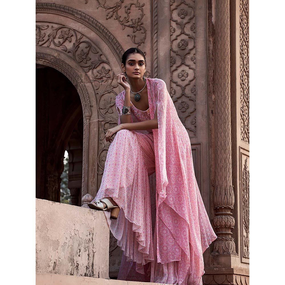 LABEL NAARITI Arshiya Pink Crop Top with Sharara and Cape (Set of 3)