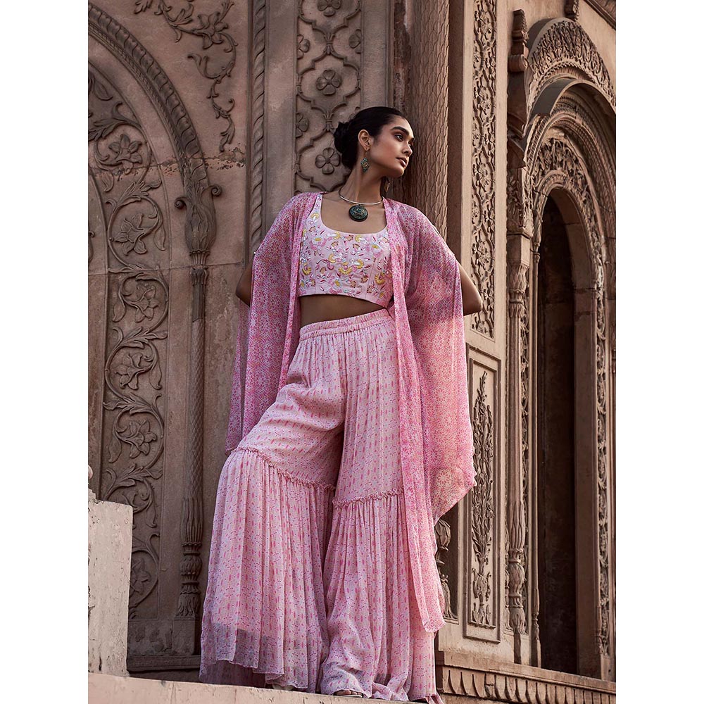 LABEL NAARITI Arshiya Pink Crop Top with Sharara and Cape (Set of 3)
