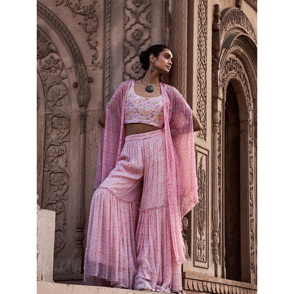 LABEL NAARITI Arshiya Pink Crop Top with Sharara and Cape (Set of 3)