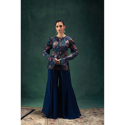 LABEL NAARITI Arya Navy Blue Blouse with Jacket and Sharara (Set of 3)