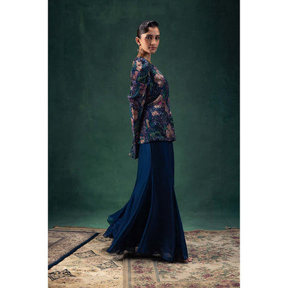 LABEL NAARITI Arya Navy Blue Blouse with Jacket and Sharara (Set of 3)
