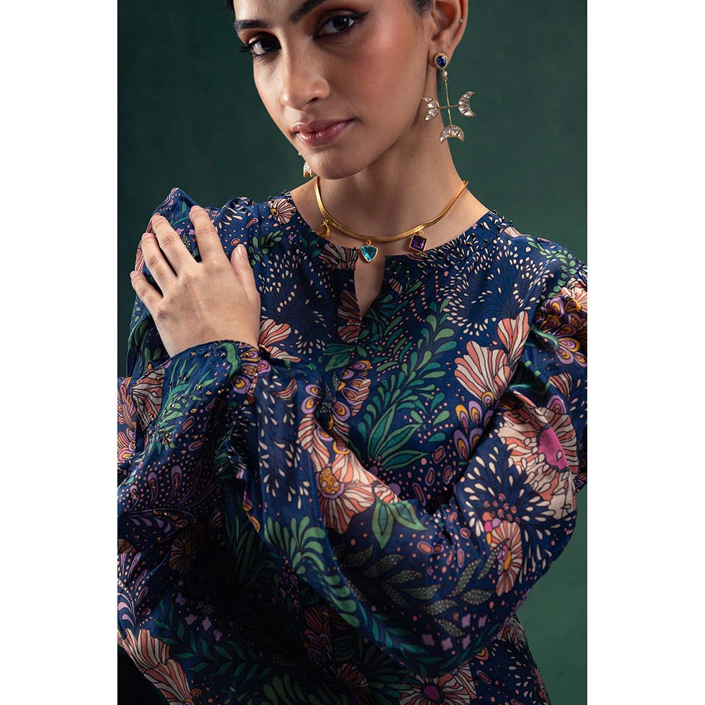 LABEL NAARITI Arya Navy Blue Blouse with Jacket and Sharara (Set of 3)