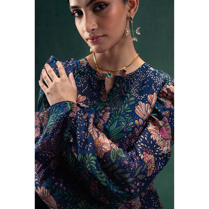 LABEL NAARITI Arya Navy Blue Blouse with Jacket and Sharara (Set of 3)