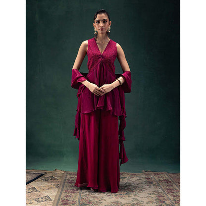 LABEL NAARITI Iraaya Wine Kurta with Palazzo and Dupatta (Set of 3)