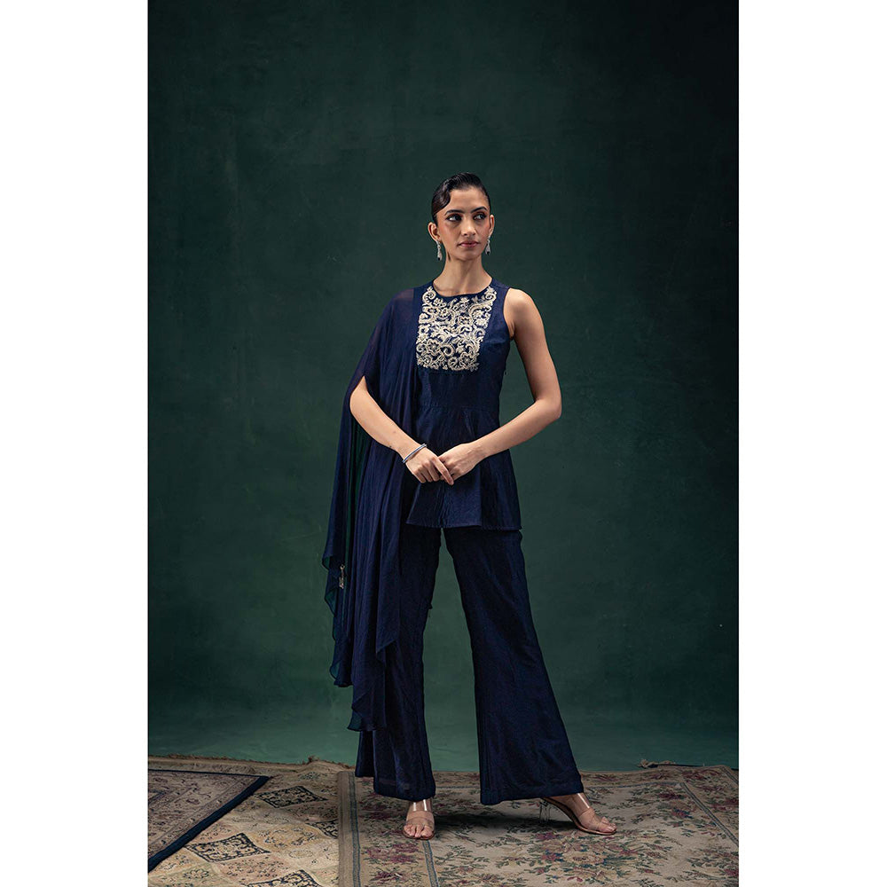 LABEL NAARITI Ishani Navy Blue Top with Pant (Set of 2)