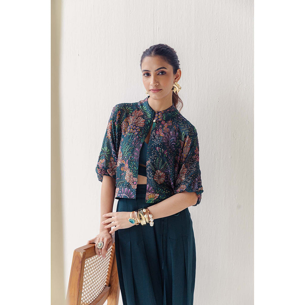 LABEL NAARITI Saina Teal Blouse with Jacket and Salwar (Set of 3)