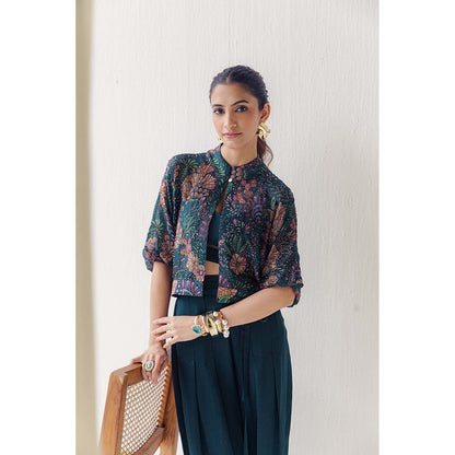 LABEL NAARITI Saina Teal Blouse with Jacket and Salwar (Set of 3)