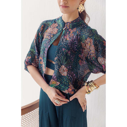 LABEL NAARITI Saina Teal Blouse with Jacket and Salwar (Set of 3)