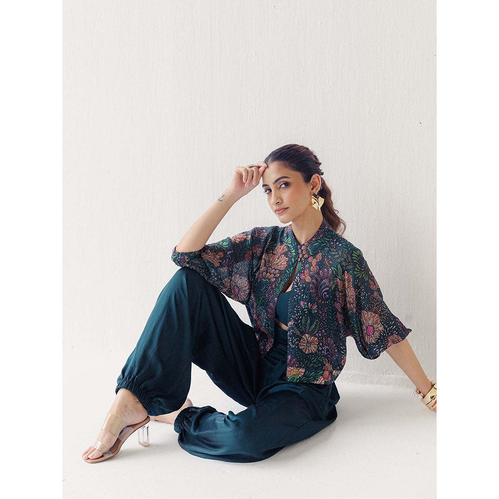 LABEL NAARITI Saina Teal Blouse with Jacket and Salwar (Set of 3)