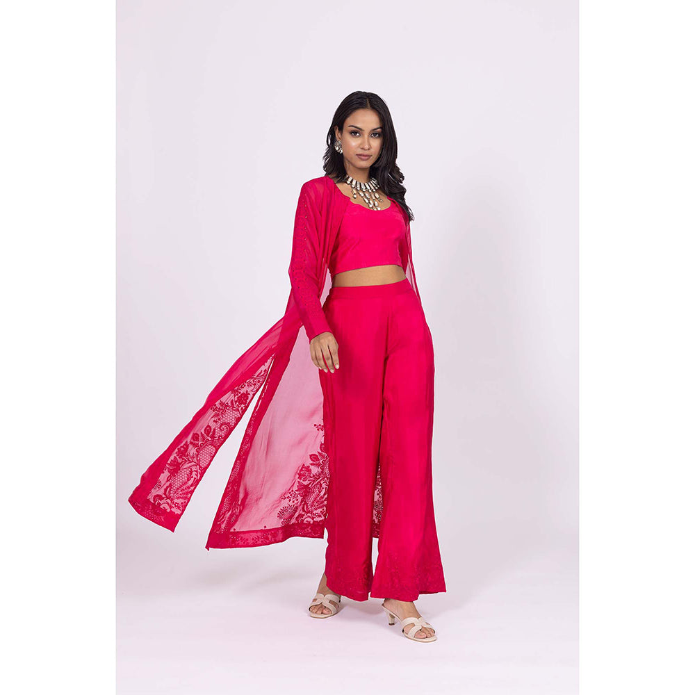 LABEL NAARITI Lolo Pink Crop Top with Palazzo and Jacket (Set of 3)