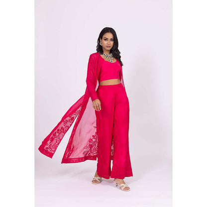 LABEL NAARITI Lolo Pink Crop Top with Palazzo and Jacket (Set of 3)