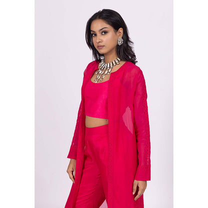 LABEL NAARITI Lolo Pink Crop Top with Palazzo and Jacket (Set of 3)