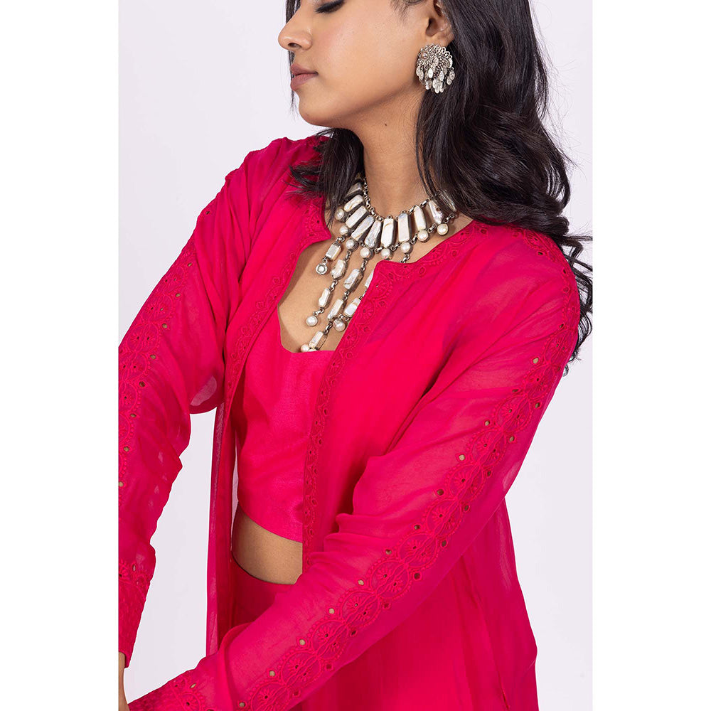 LABEL NAARITI Lolo Pink Crop Top with Palazzo and Jacket (Set of 3)