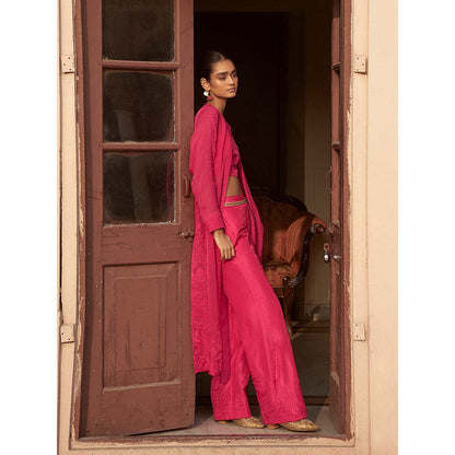 LABEL NAARITI Lolo Pink Crop Top with Palazzo and Jacket (Set of 3)