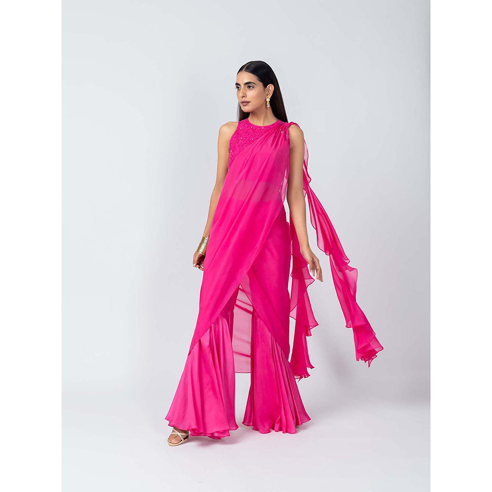 LABEL NAARITI Bebo Pink Crop Top with Sharara and Dupatta (Set of 3)