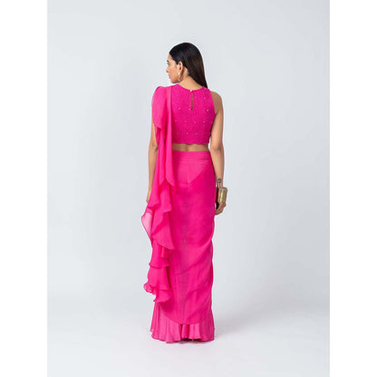 LABEL NAARITI Bebo Pink Crop Top with Sharara and Dupatta (Set of 3)