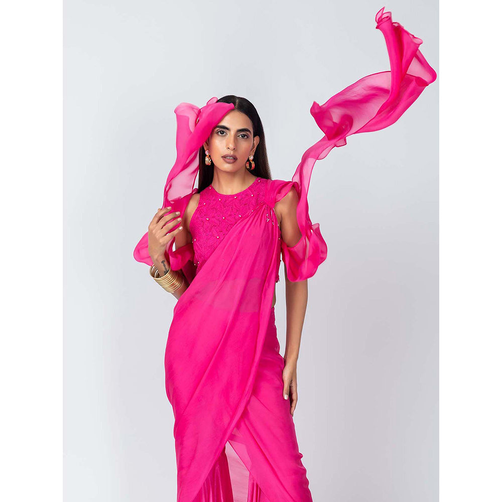 LABEL NAARITI Bebo Pink Crop Top with Sharara and Dupatta (Set of 3)