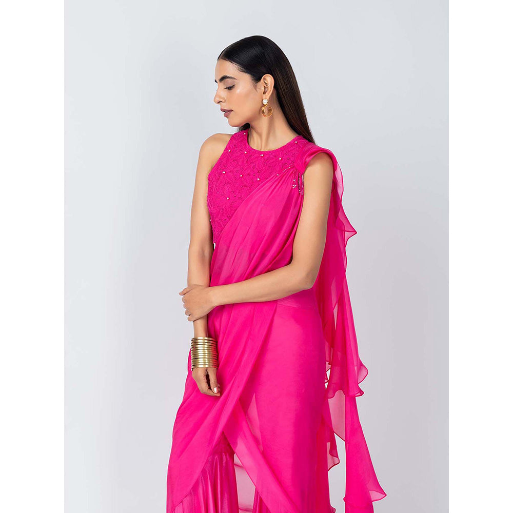 LABEL NAARITI Bebo Pink Crop Top with Sharara and Dupatta (Set of 3)