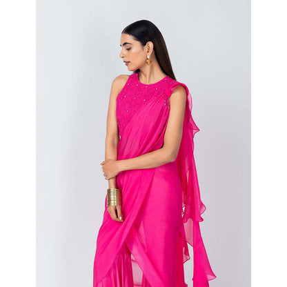 LABEL NAARITI Bebo Pink Crop Top with Sharara and Dupatta (Set of 3)