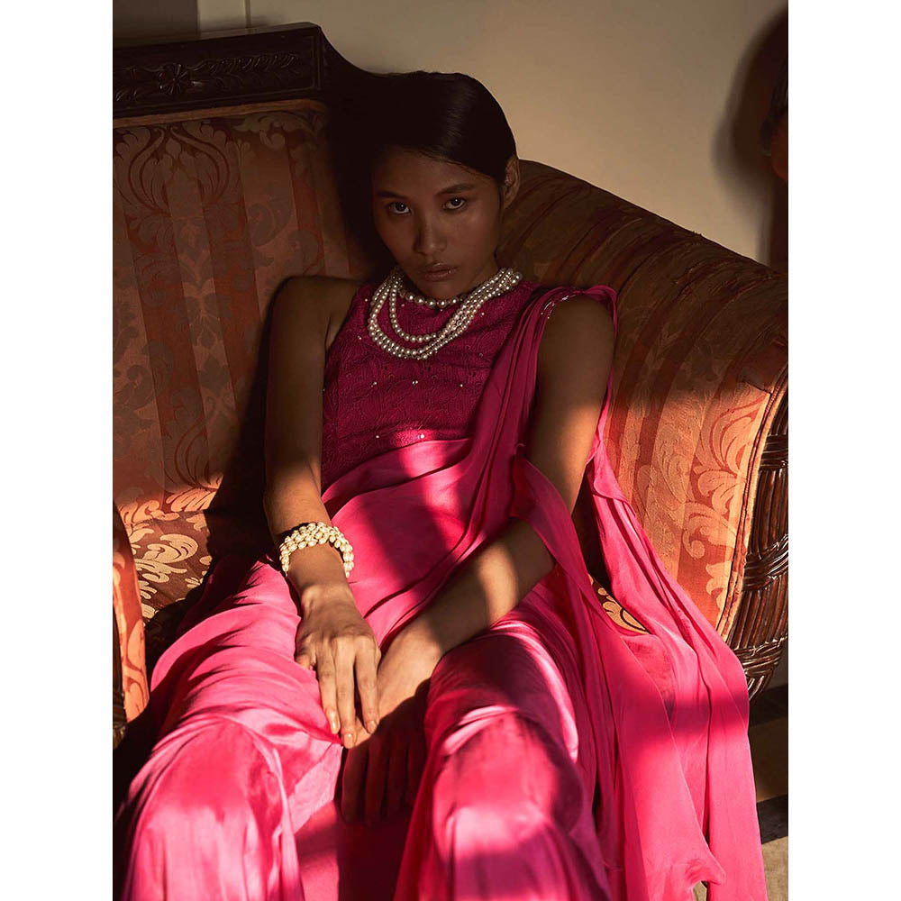 LABEL NAARITI Bebo Pink Crop Top with Sharara and Dupatta (Set of 3)