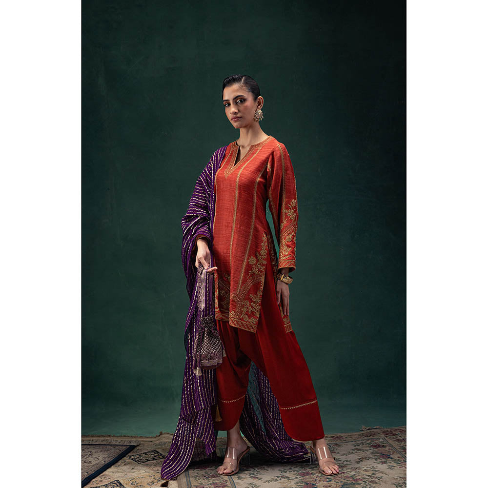 LABEL NAARITI Rust Maahira Kurta with Salwar and Dupatta (Set of 3)