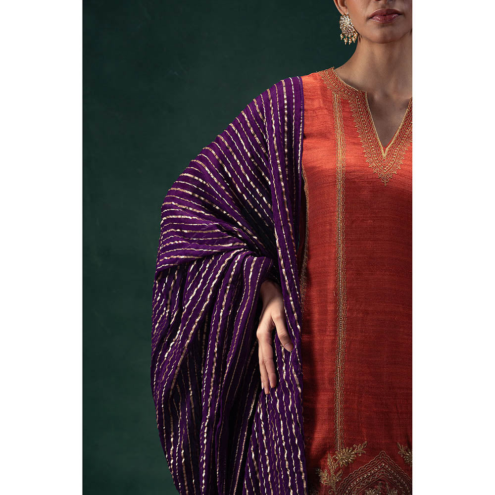 LABEL NAARITI Rust Maahira Kurta with Salwar and Dupatta (Set of 3)