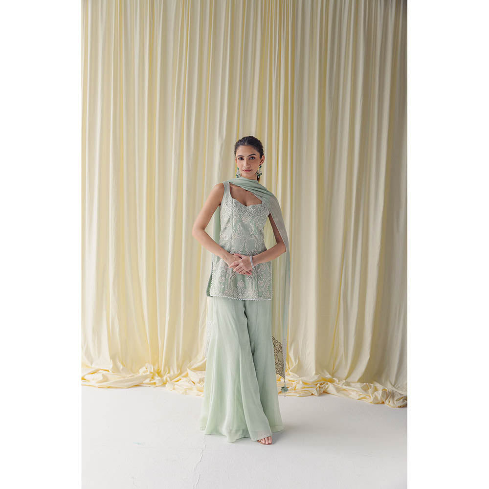 LABEL NAARITI Green Alaia Kurta with Sharara and Dupatta (Set of 3)