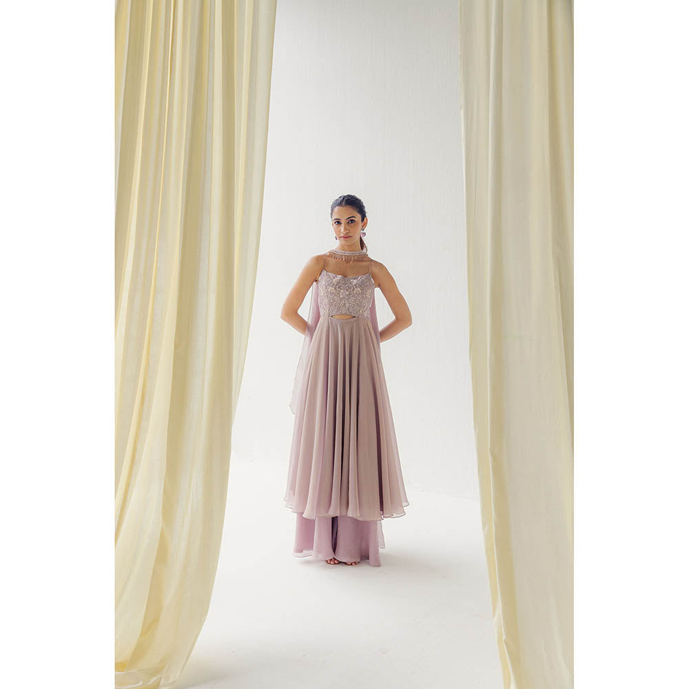 LABEL NAARITI Pink Rasha Anarkali with Palazzo and Dupatta (Set of 3)