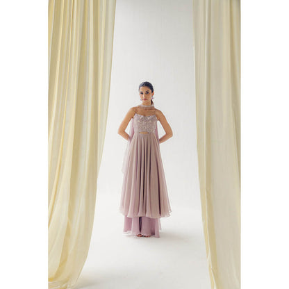 LABEL NAARITI Pink Rasha Anarkali with Palazzo and Dupatta (Set of 3)